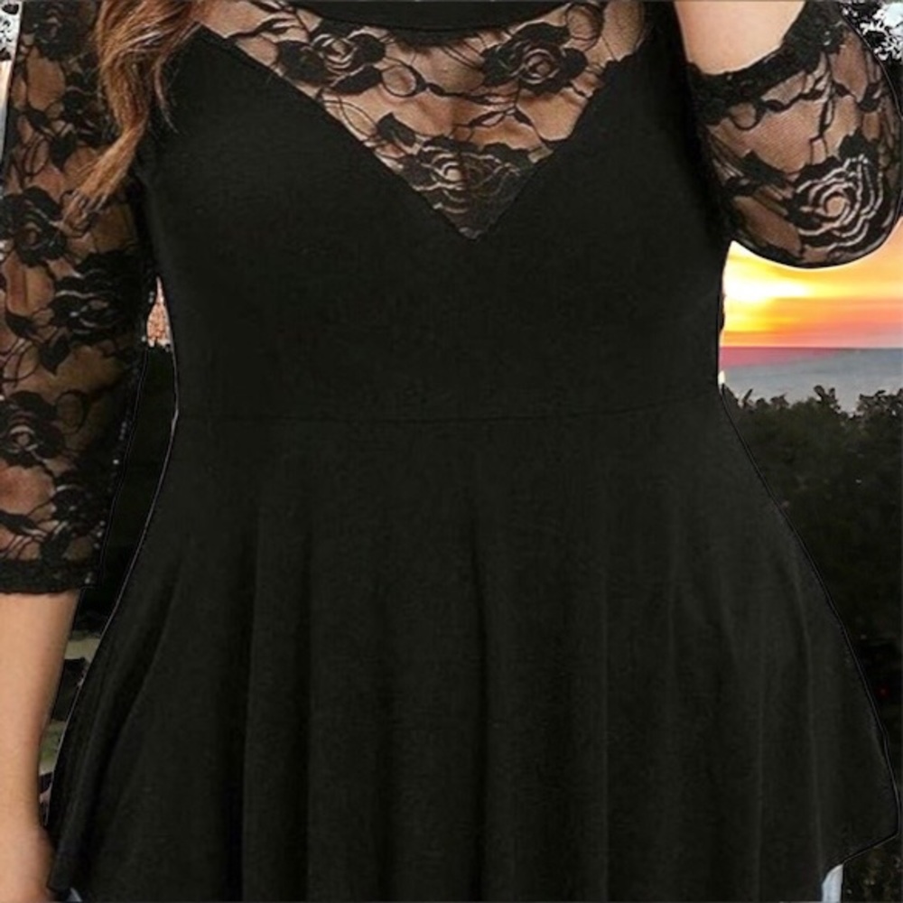 Women's Plus Size Blouse Floral Lace Tops Asymmetric Swing Tunic O-Neck T Shirt